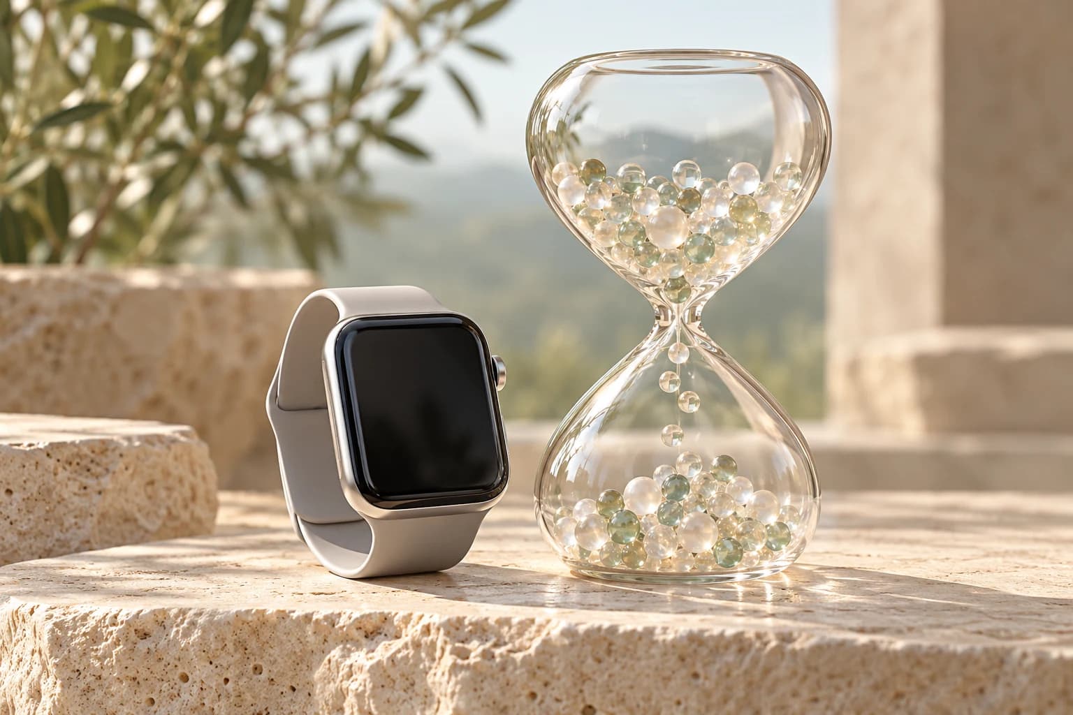 Conceptual silver smartwatch beside a glass hourglass filled with pearlescent spheres on pale limestone