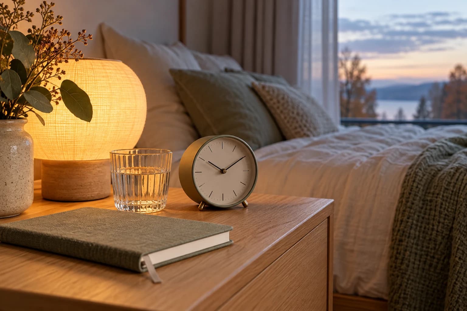 Conceptual photograph of an analog alarm clock, closed notebook and drinking glass on a bedside table in soft autumn light
