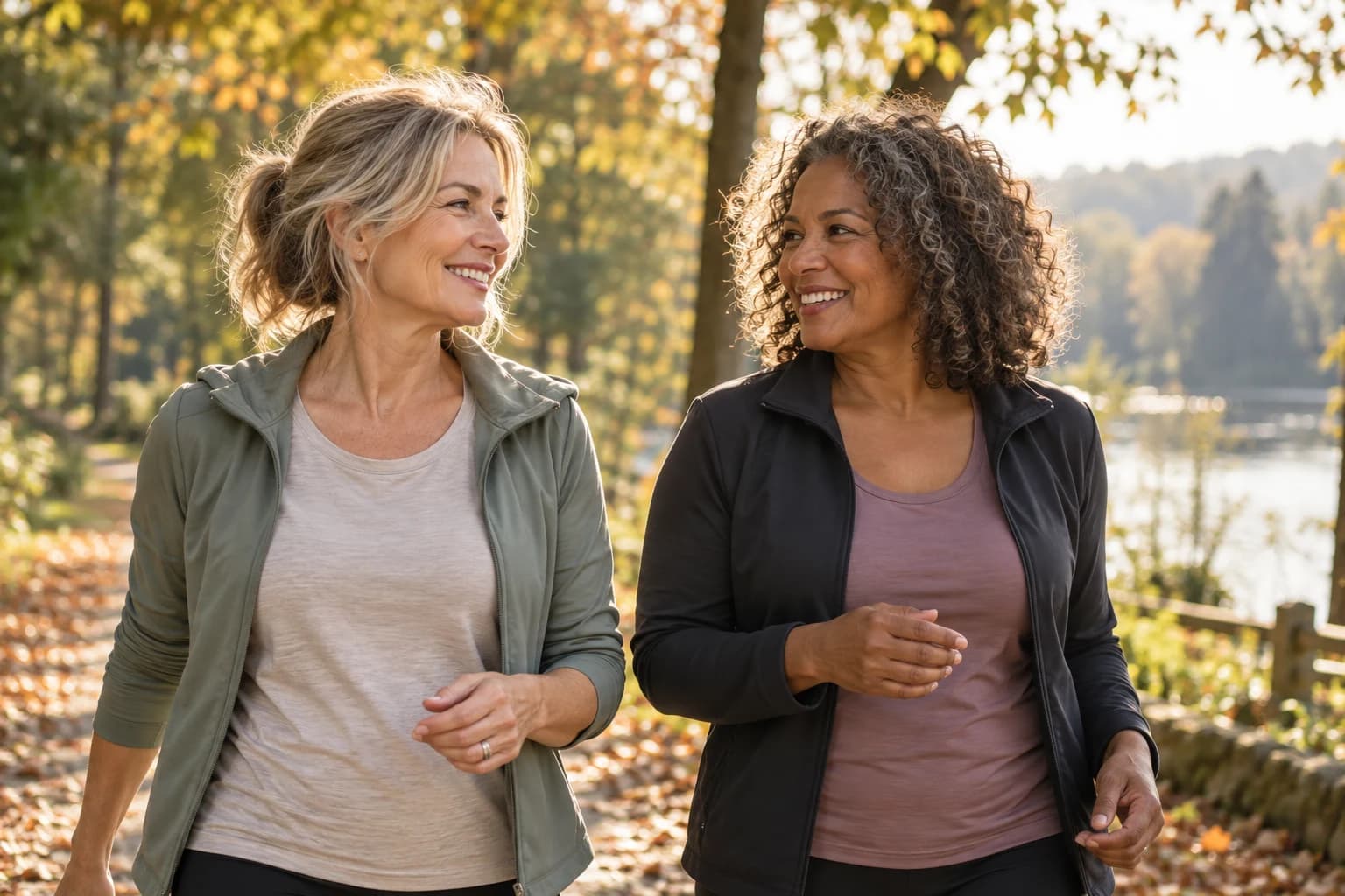 Conceptual editorial image of two midlife women walking together through an autumn park