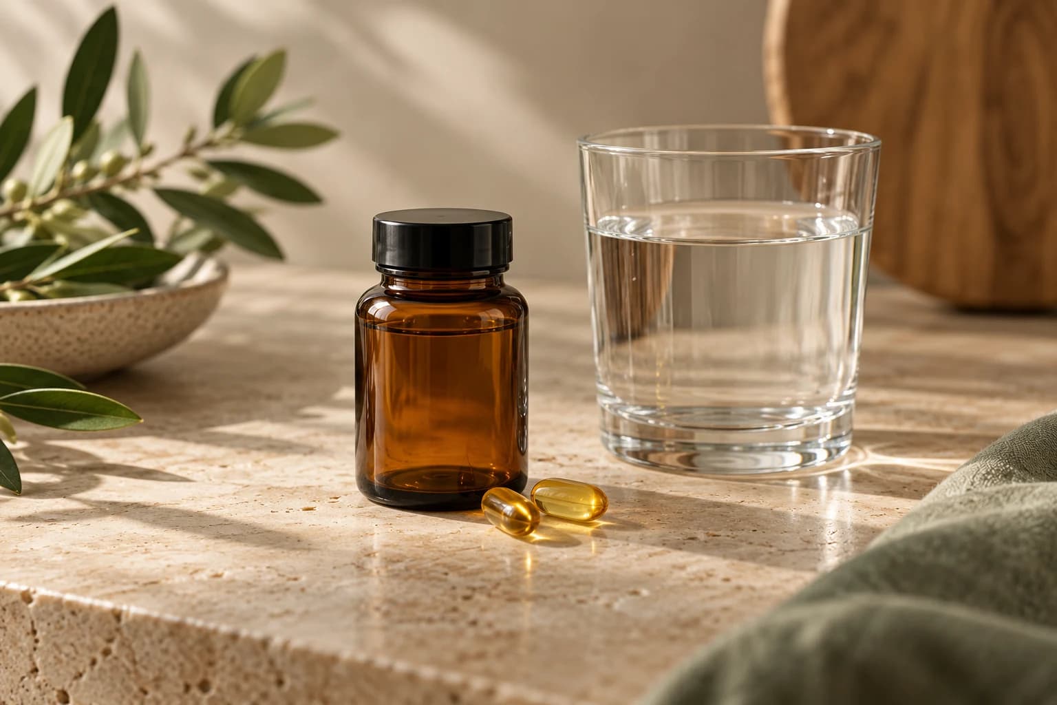 Conceptual photograph of an unlabelled amber supplement bottle, golden capsules and a glass of water