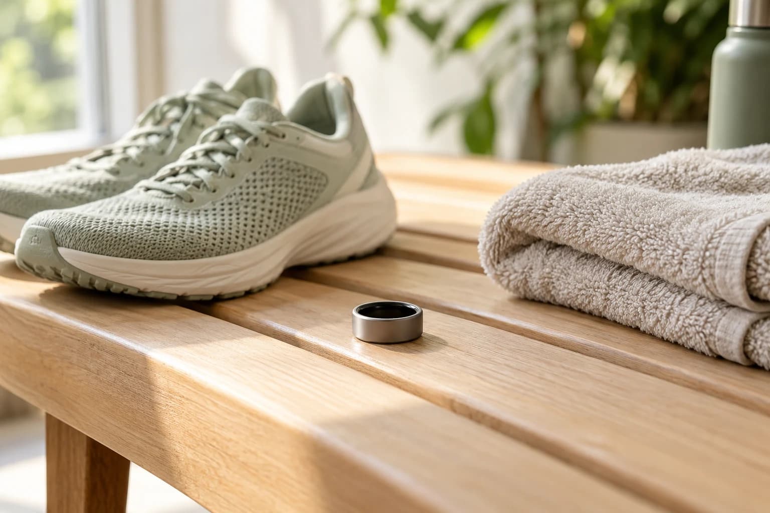 Conceptual photograph of an unbranded smart ring beside running shoes and a folded towel