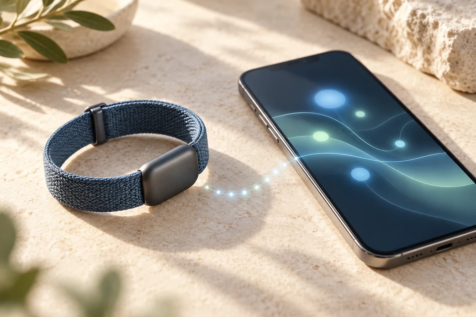 Conceptual screen-free woven fitness band beside a smartphone, connected by soft blue light points on an ivory surface