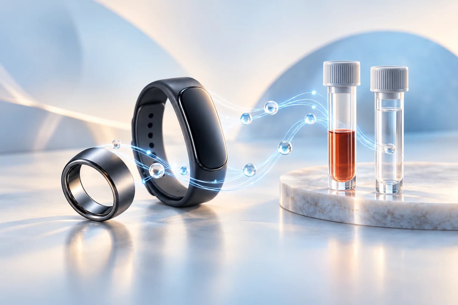 Conceptual illustration of a fitness ring and wrist wearable connected by luminous blue signals to laboratory sample tubes
