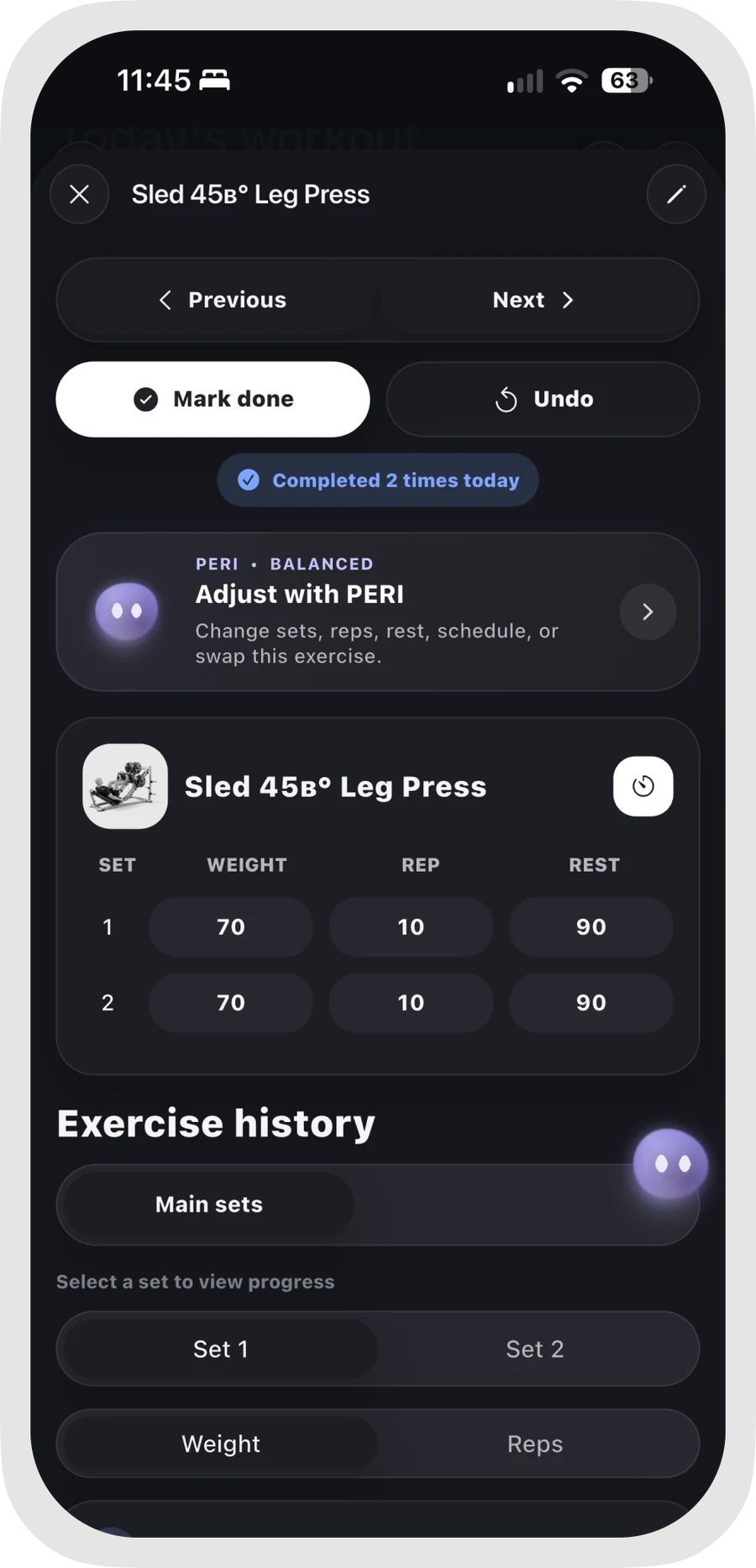 Exercise detail with an Adjust with PERI entry point; no adjustment conversation is shown
