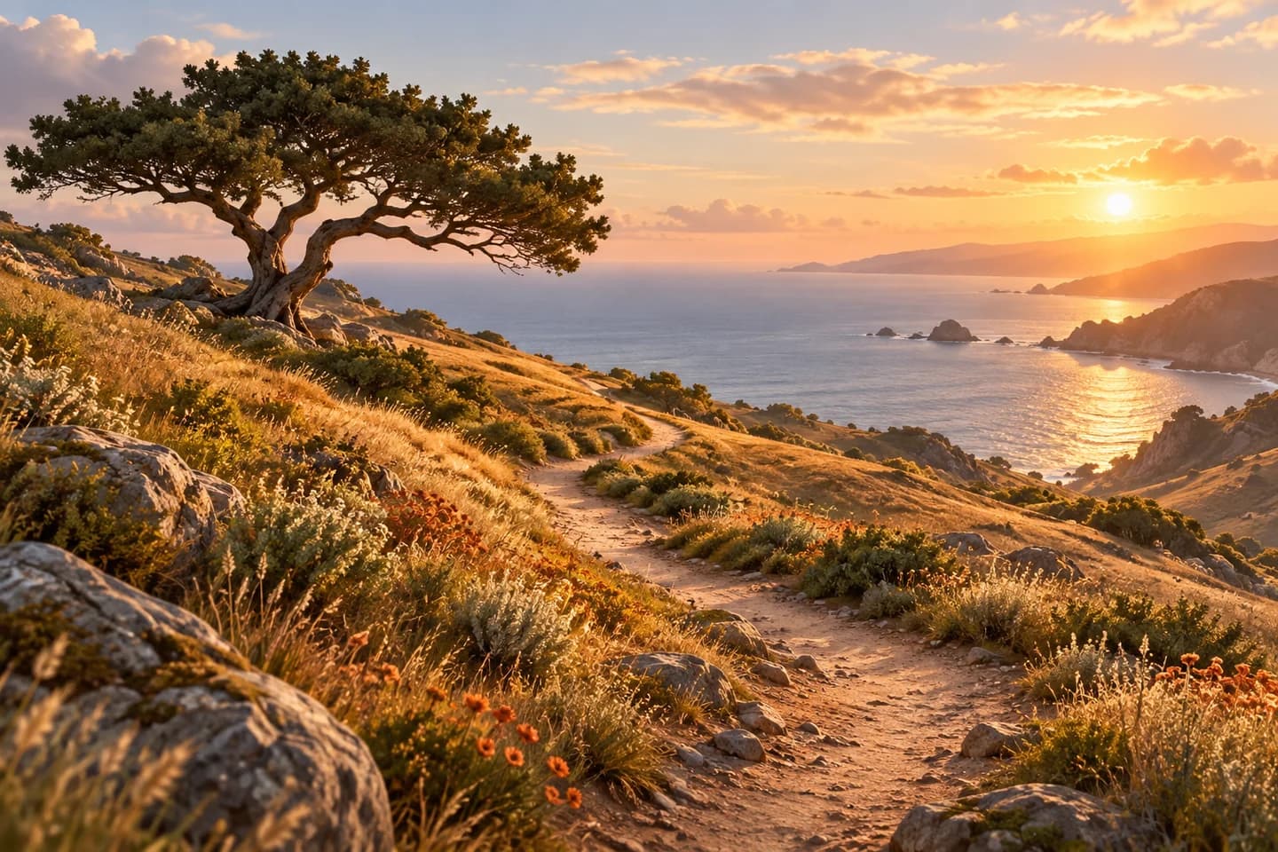 A coastal walking path and windswept tree in warm sunset light