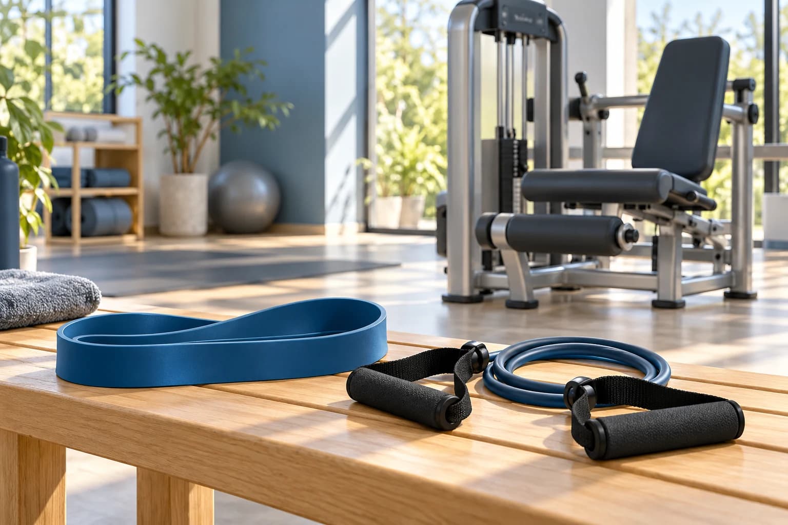 Conceptual elastic resistance bands on a bench with a seated gym machine in the background