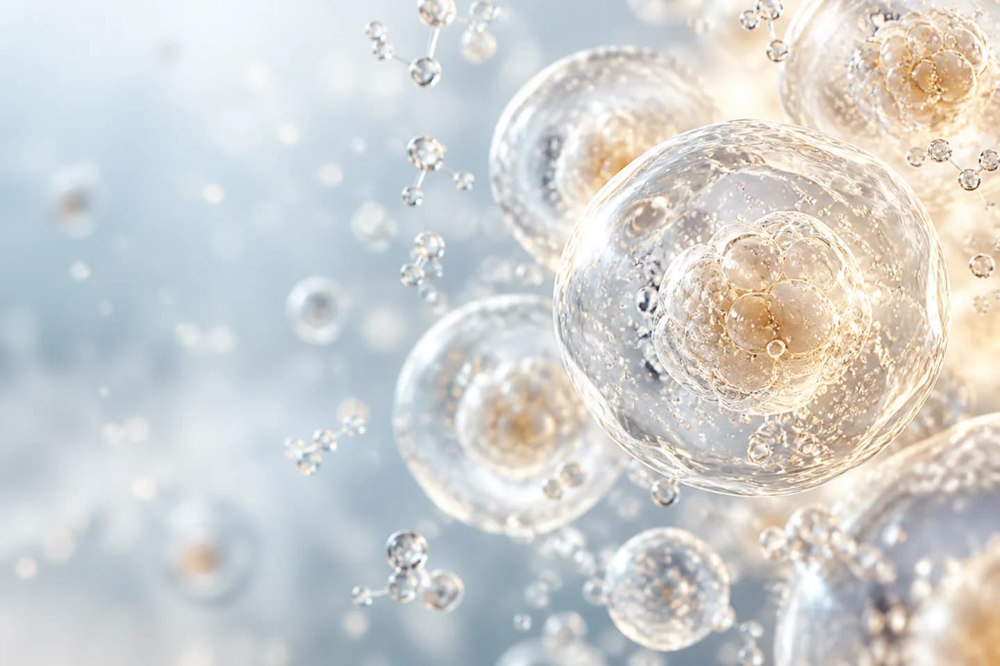 Conceptual illustration of translucent cells in pale blue and gold