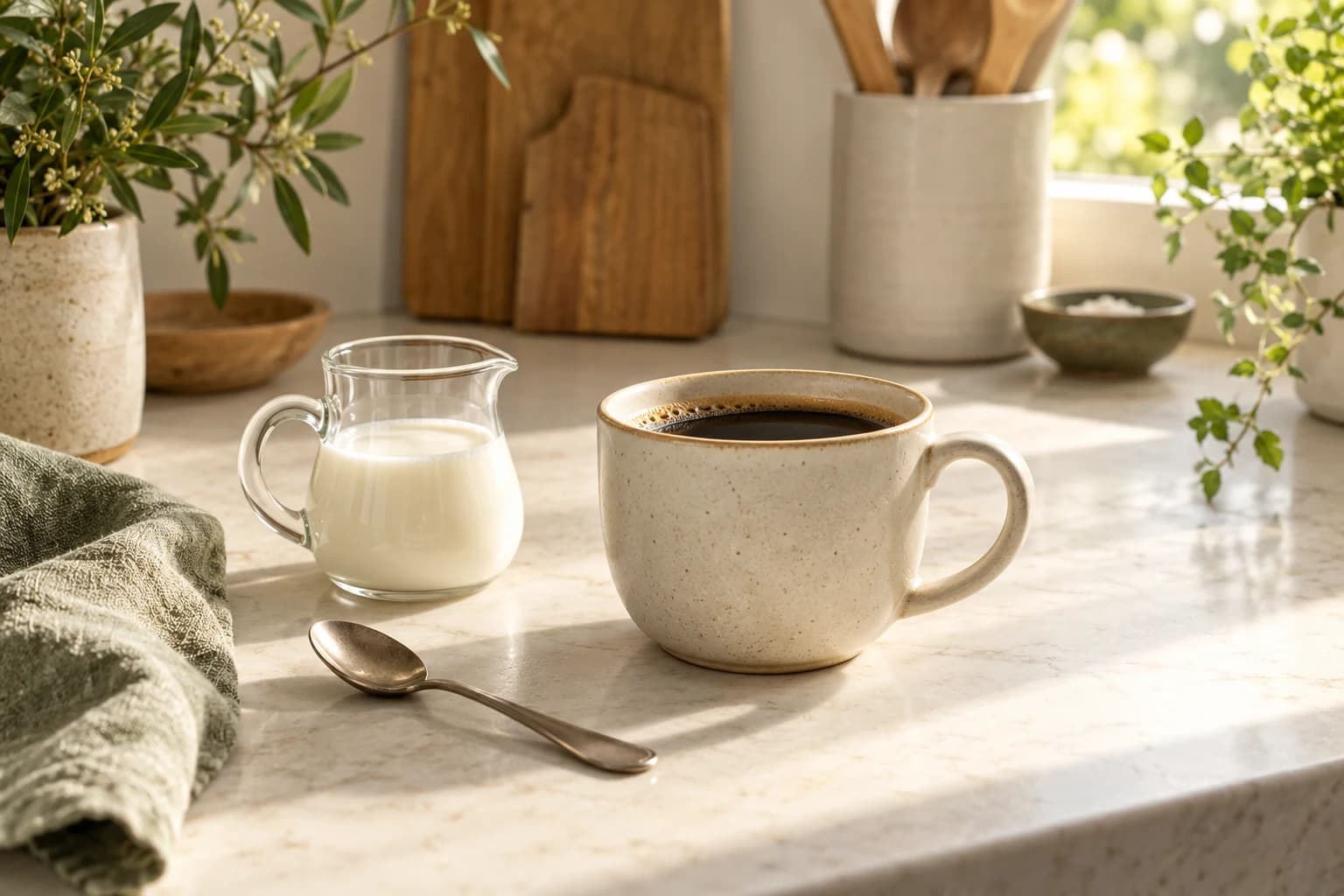 Conceptual photograph of a ceramic coffee cup, small milk jug and teaspoon on a softly lit counter