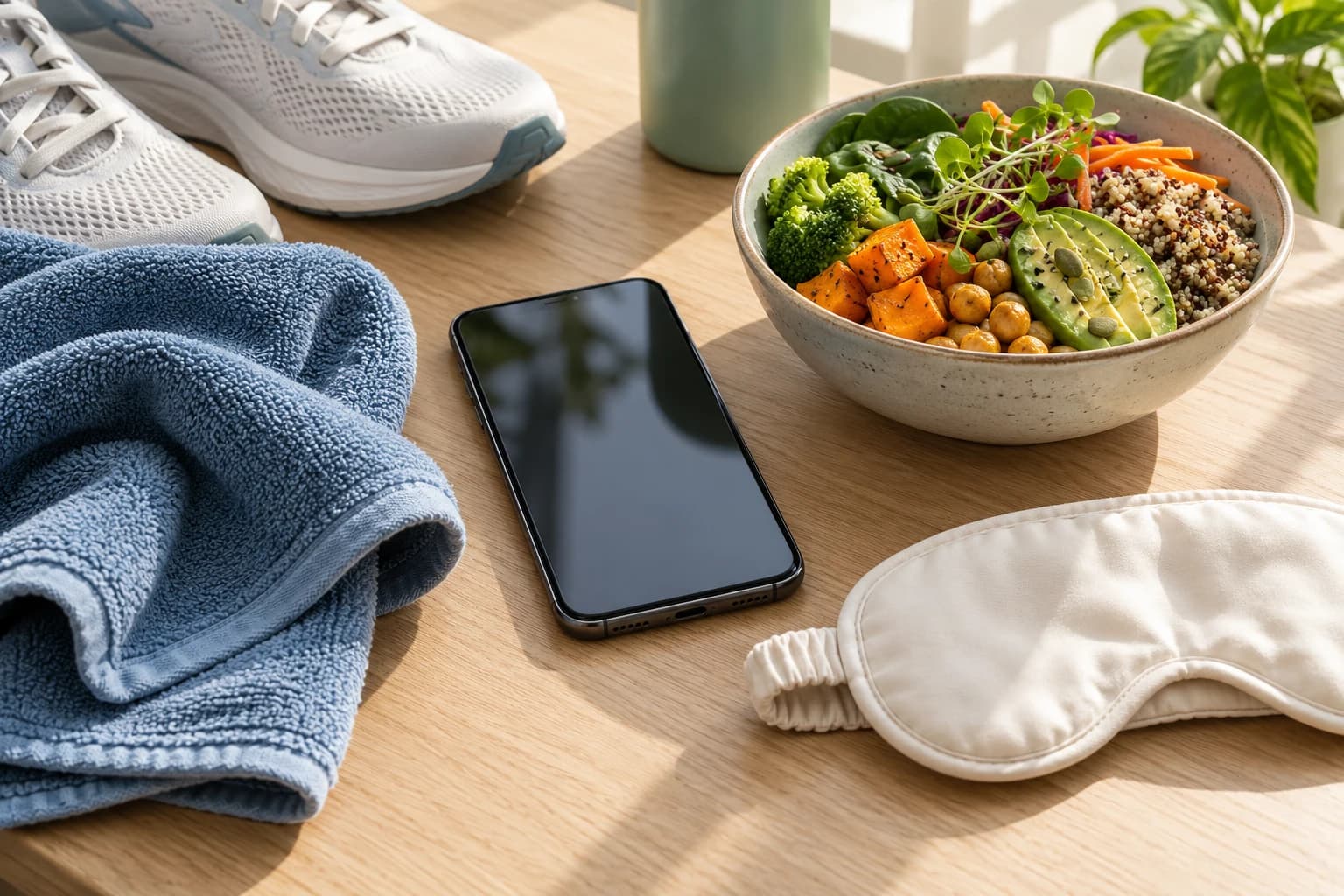 Conceptual smartphone surrounded by a workout towel, running shoes, a grain bowl and a sleep mask on a sunlit table