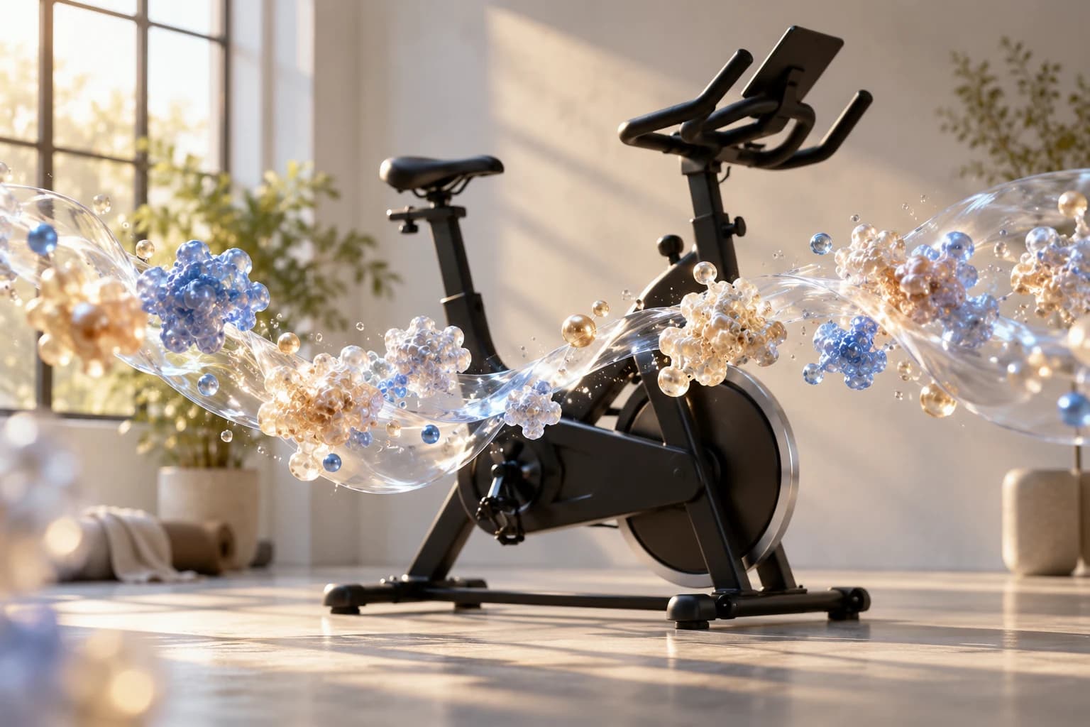 Conceptual exercise bicycle with an abstract ribbon of pearlescent molecular forms in a softly lit studio