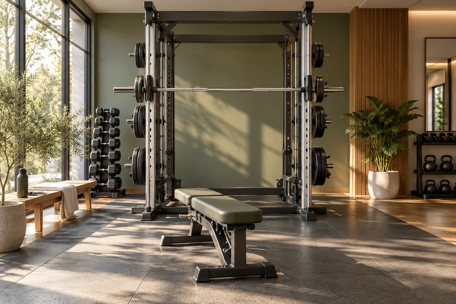 Conceptual photograph of a Smith machine and exercise bench in a quiet sunlit gym