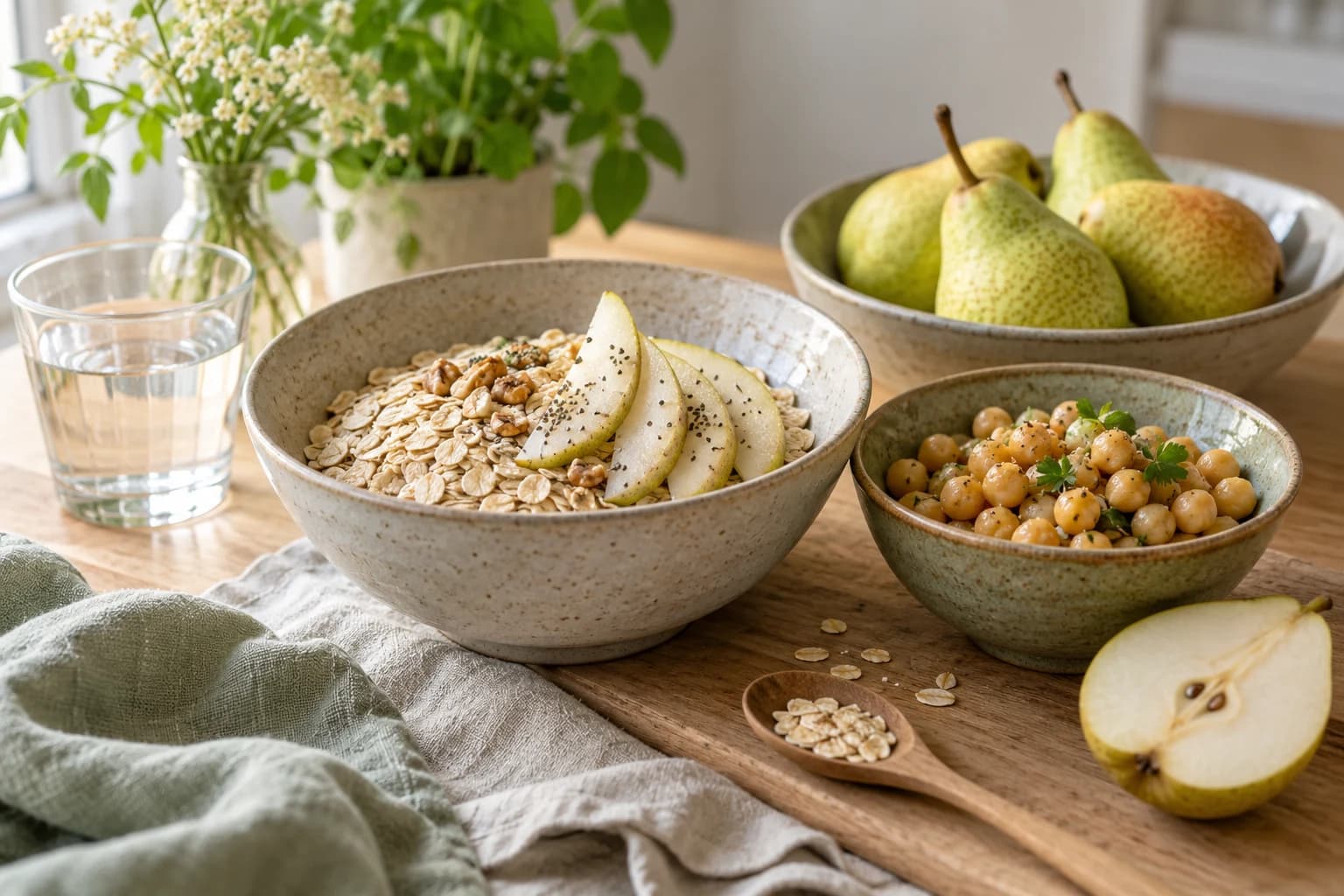 Conceptual photograph of oats, chickpeas and pears in ceramic bowls beside a glass of water