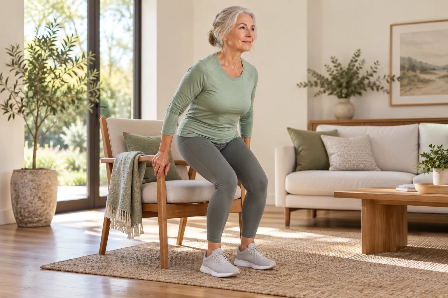 Conceptual photograph of an older woman practicing standing from a sturdy chair in a bright home