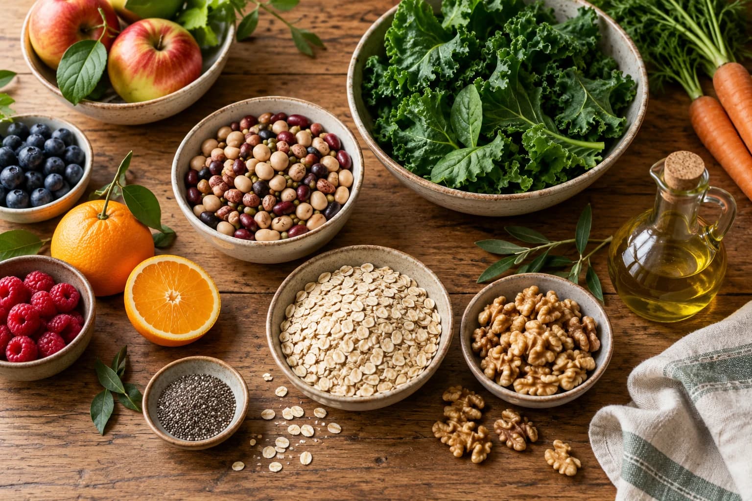 Conceptual overhead photograph of beans, greens, oats, walnuts, fruit and olive oil on a kitchen table