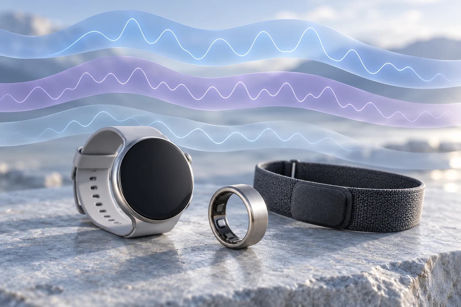 Conceptual smartwatch, smart ring and fabric sensor band beneath three differently spaced translucent signal ribbons