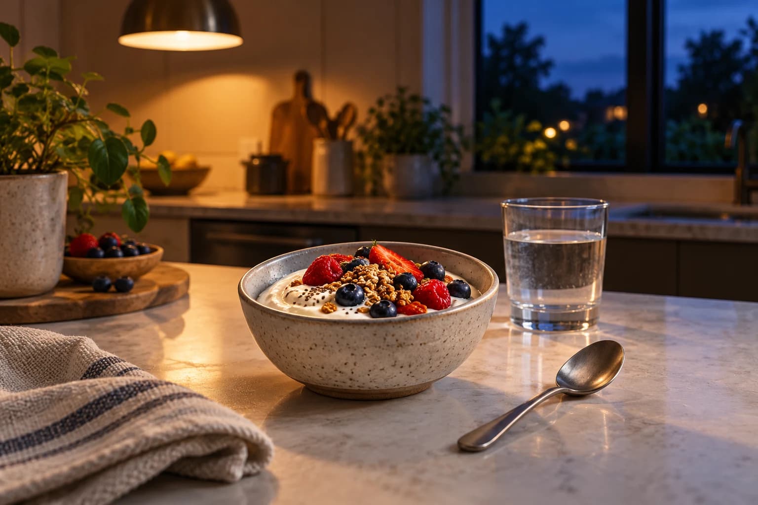 Conceptual editorial bowl of yogurt and berries in a softly lit kitchen at dusk
