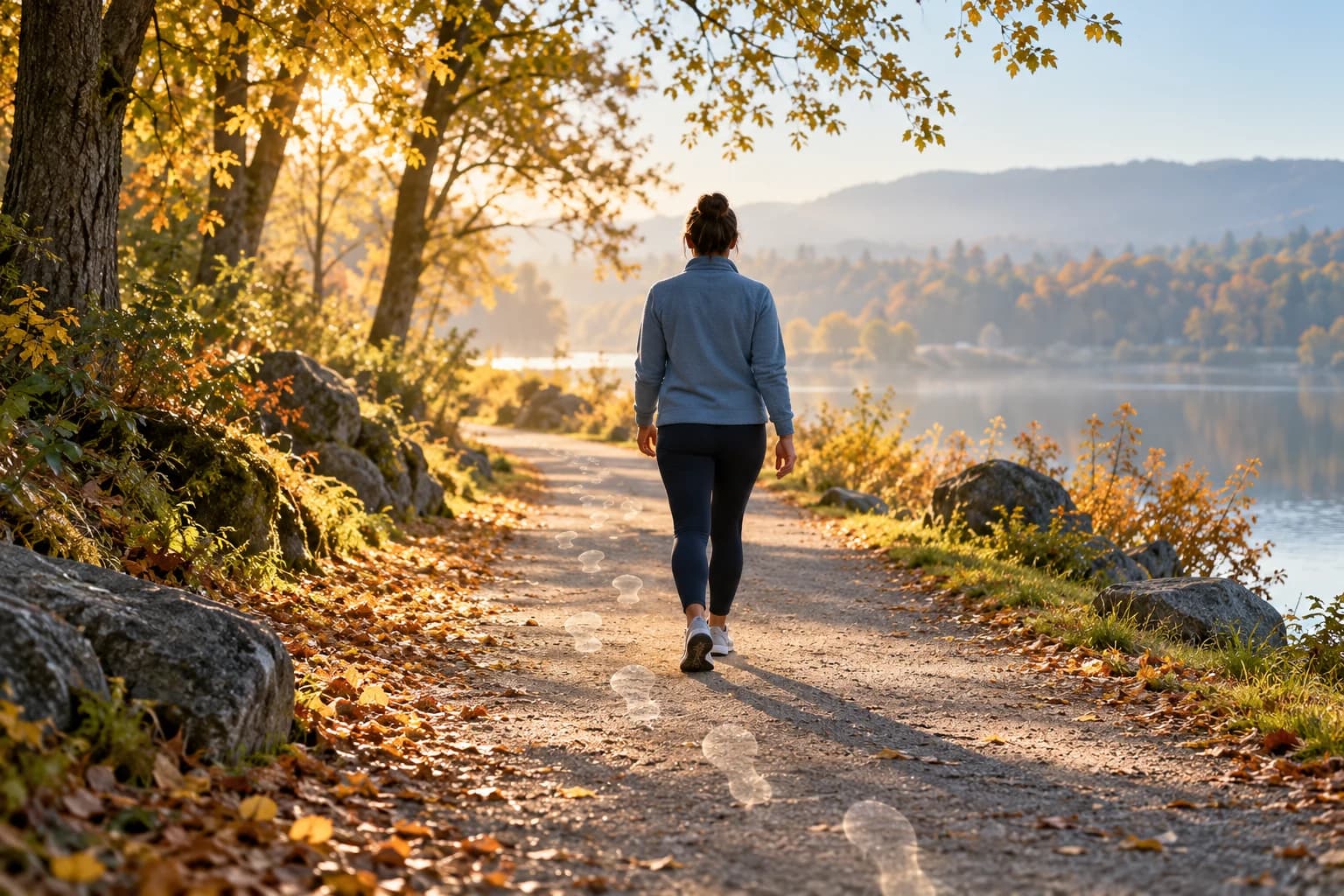 Conceptual adult walking along an autumn park path with translucent footprints suggesting a history of repeated walks