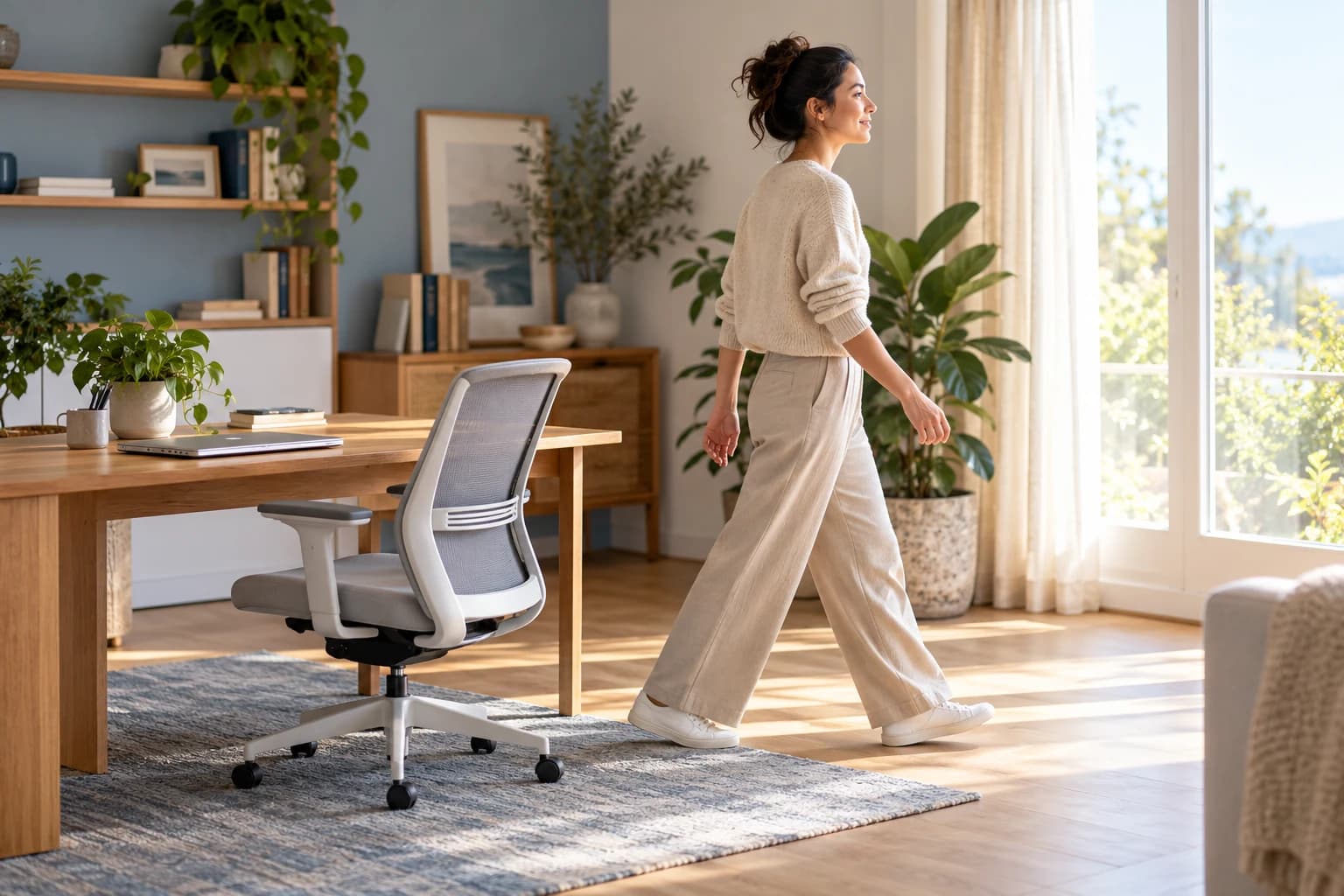 Conceptual editorial adult taking a walking break from a desk in a sunlit home office