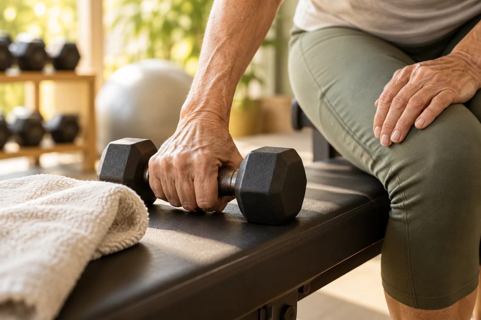 Conceptual close-up photograph of an older adult's hands reaching for a dumbbell on a gym bench