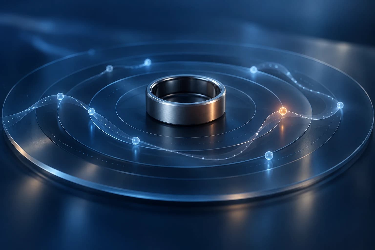 Conceptual titanium smart ring surrounded by blue concentric ripples and a single amber point, representing a change in recorded health signals