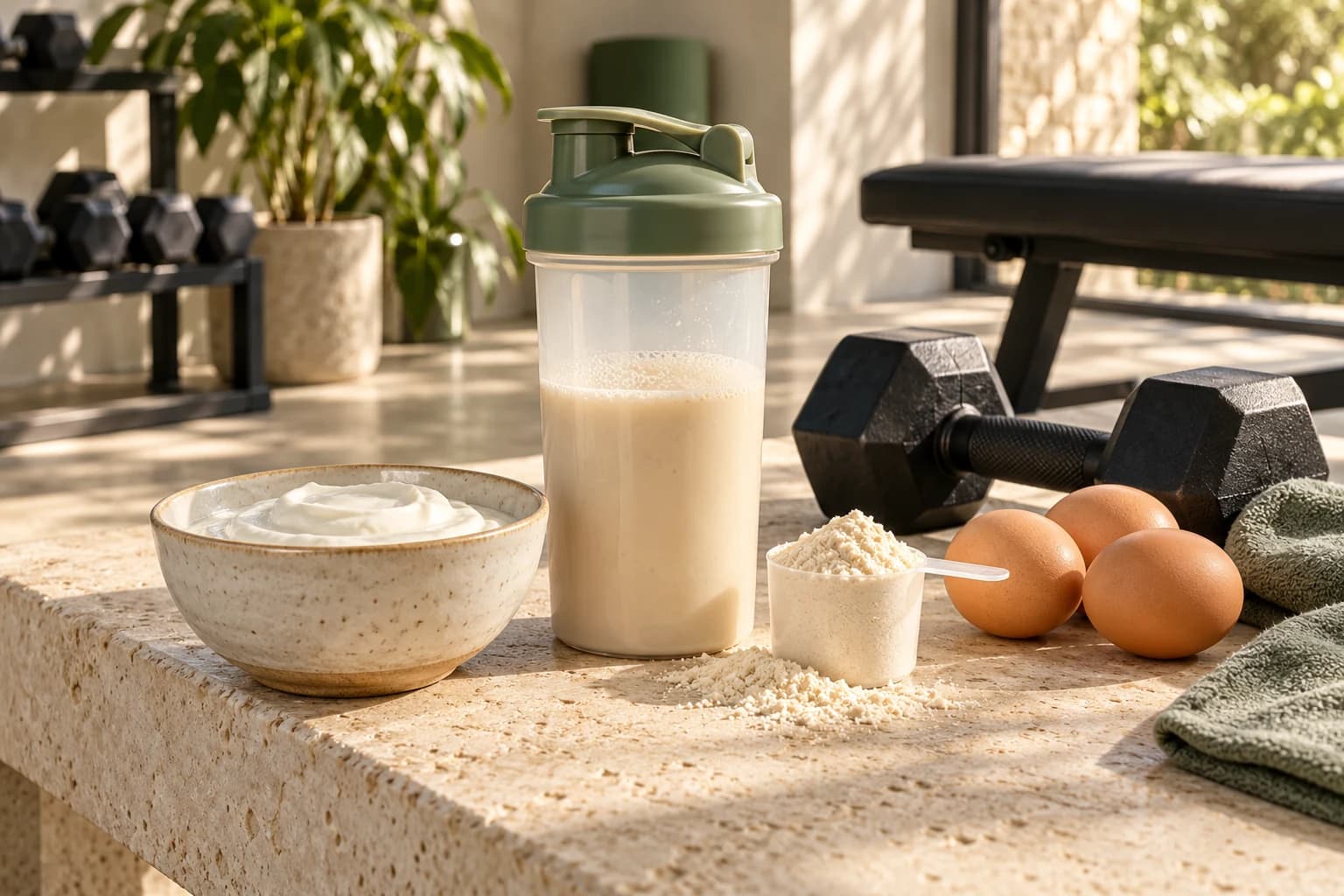 Conceptual shaker, protein powder, yogurt, eggs and a dumbbell on a sunlit stone bench