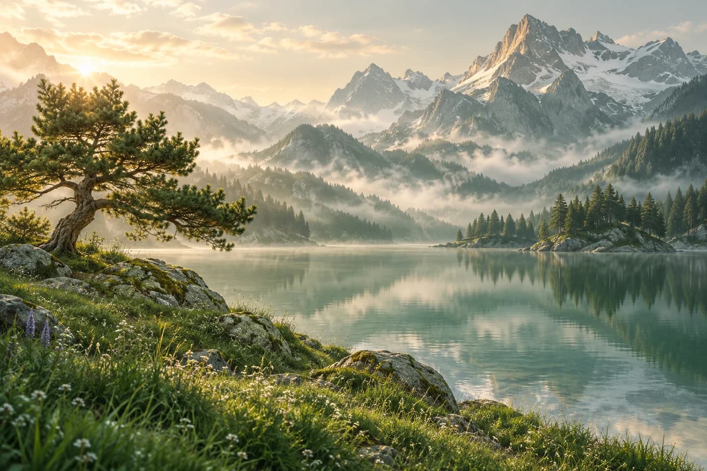 Soft morning light over a calm alpine lake and mountains