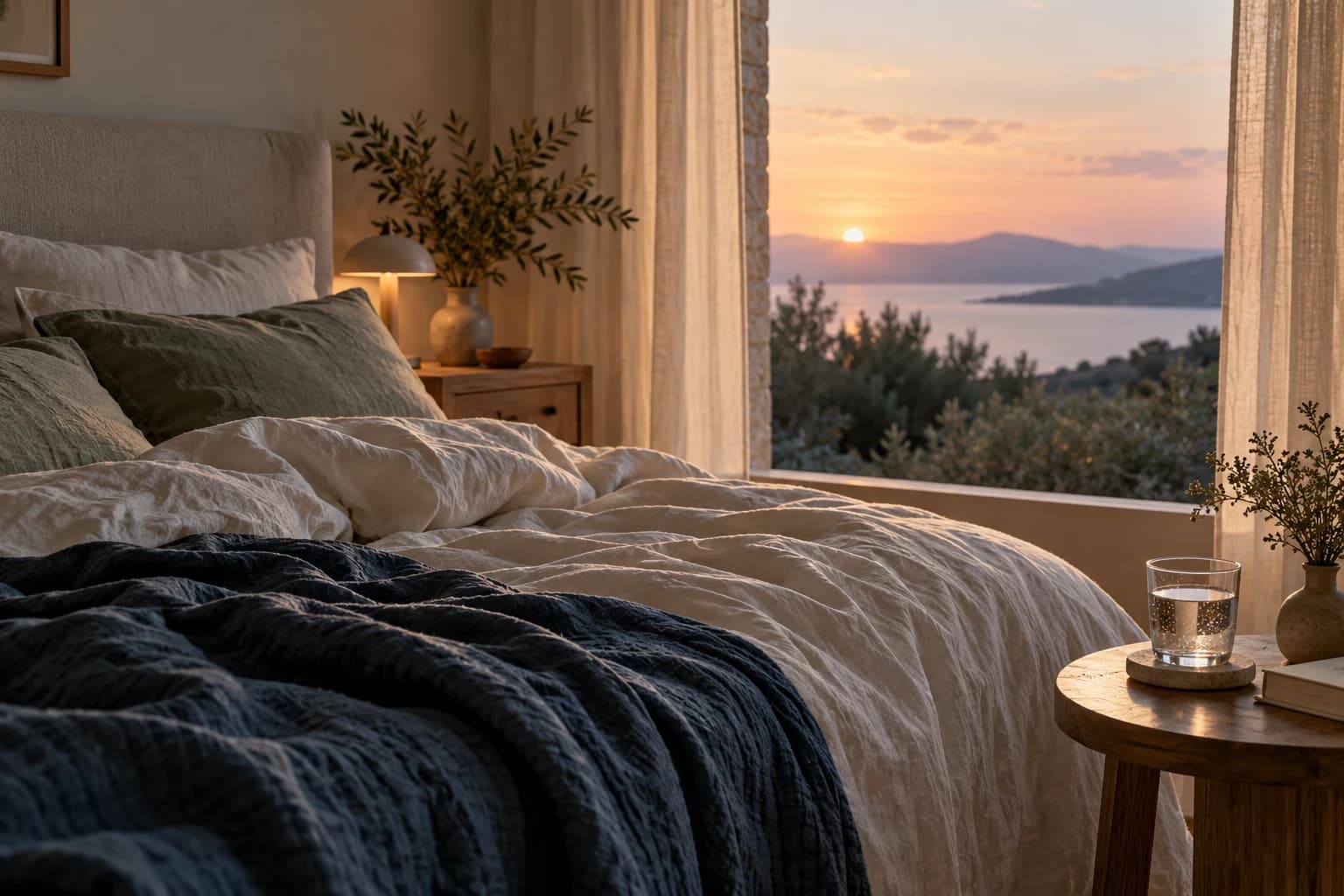 Conceptual photograph of a quiet bedroom with rumpled linen and soft light before sunrise
