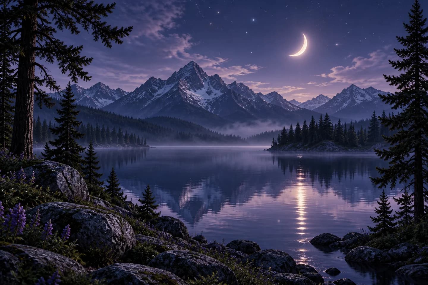 Crescent moon reflected in an alpine lake beneath a violet night sky