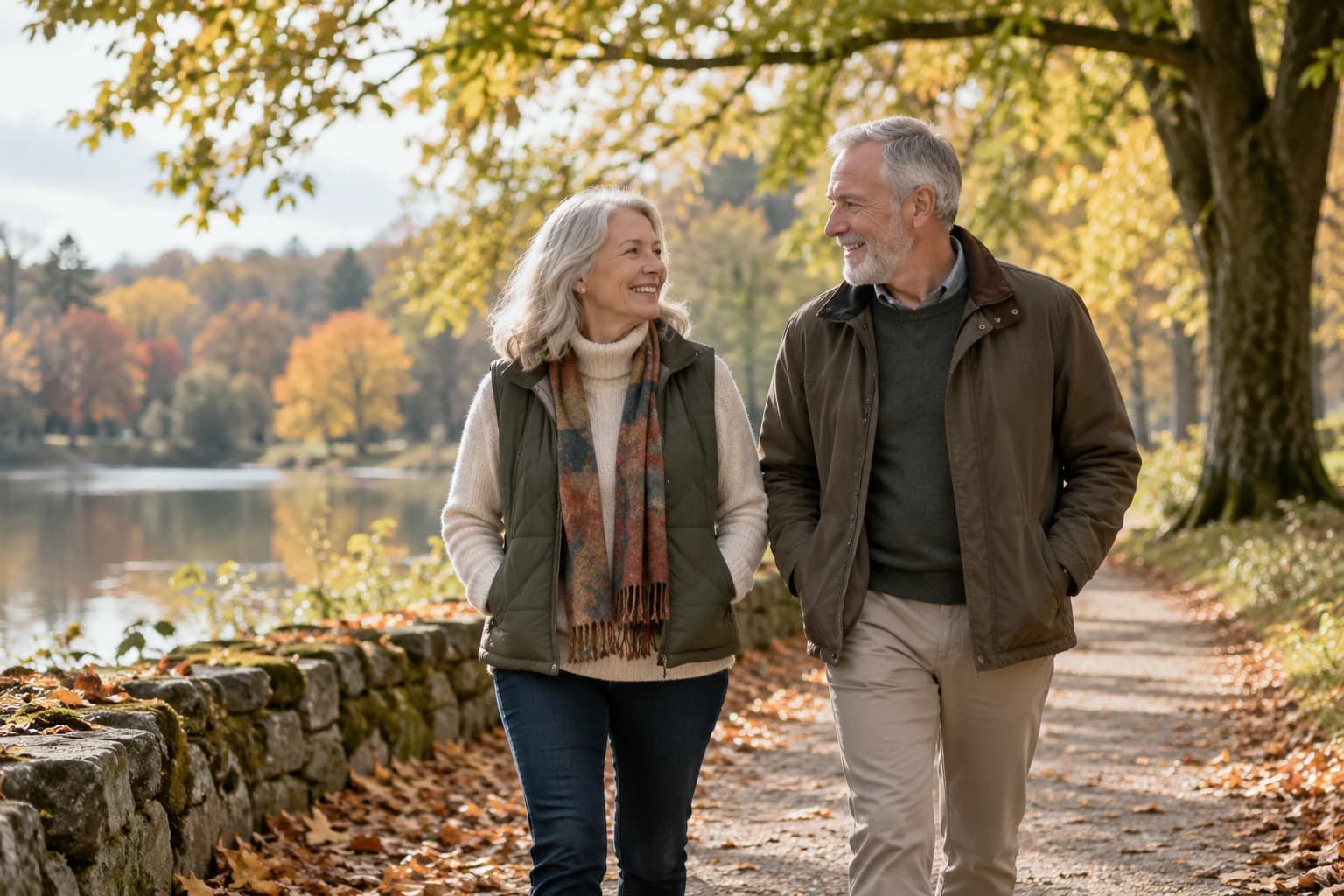 Conceptual photograph of two older adults walking together through an autumn park