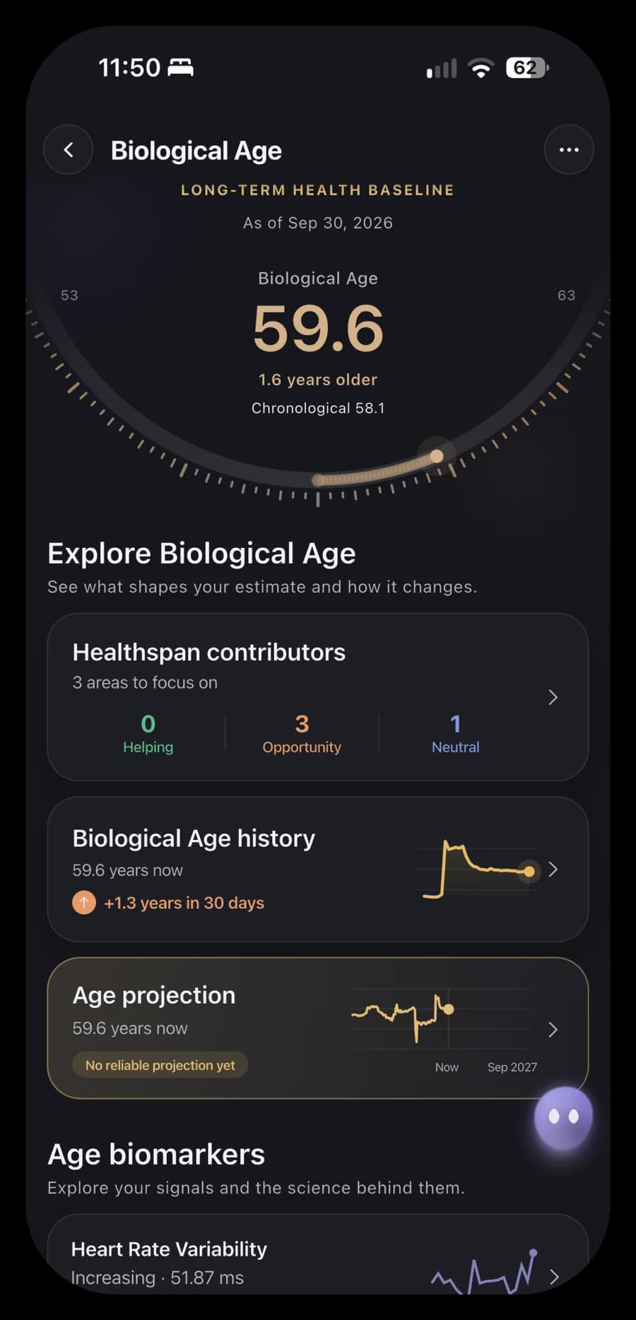 Biological Age overview with the contributors entry, history and an unavailable projection.