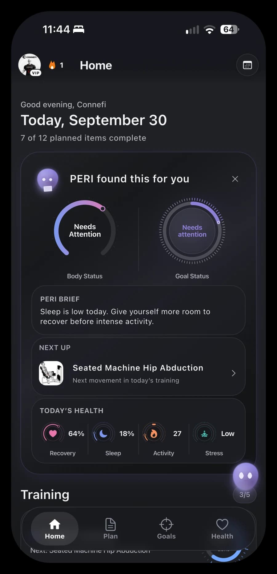 Redesigned Home with daily findings and Next Up. The supplied example shows “Needs attention” states.