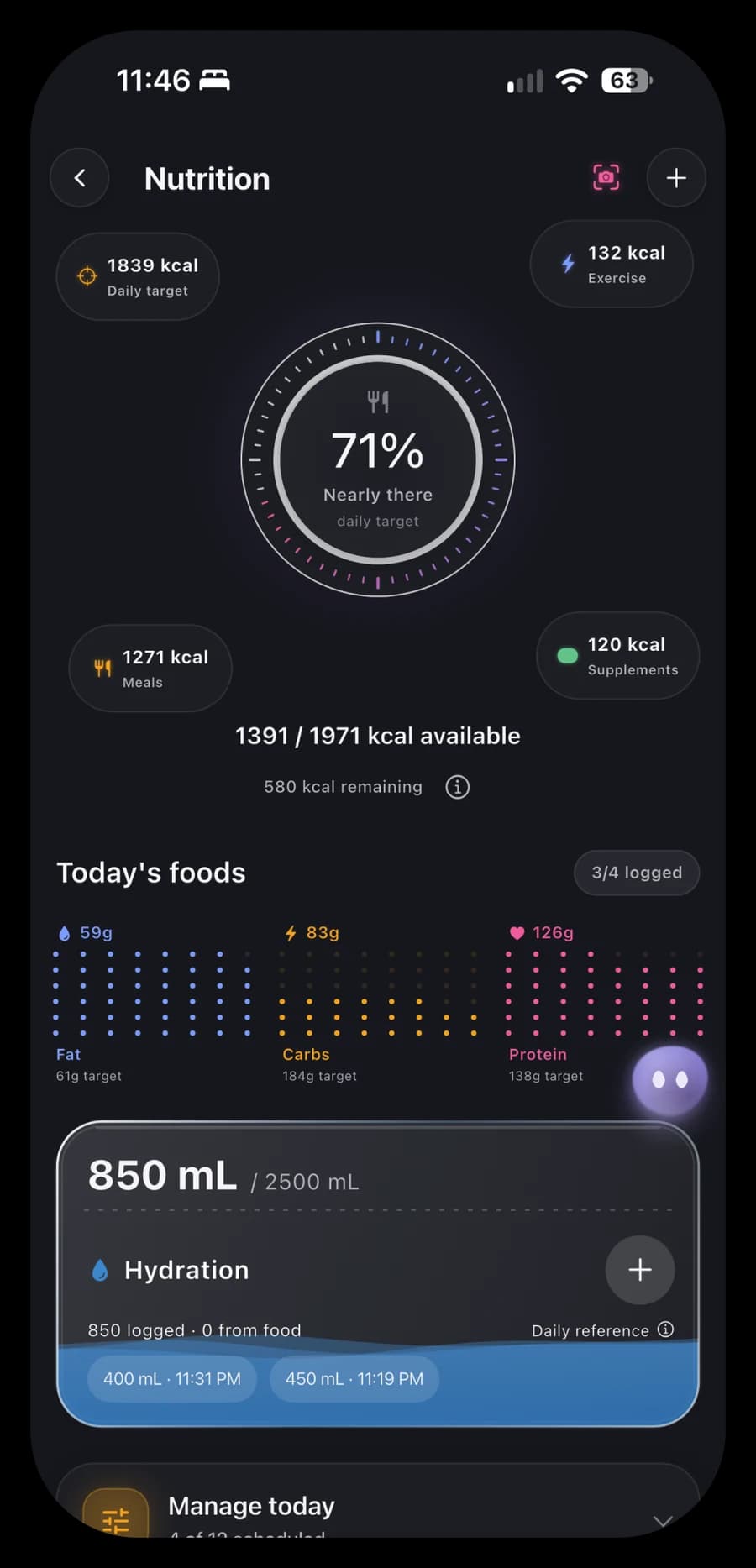 Nutrition view with meal tracking, macros and recorded hydration.