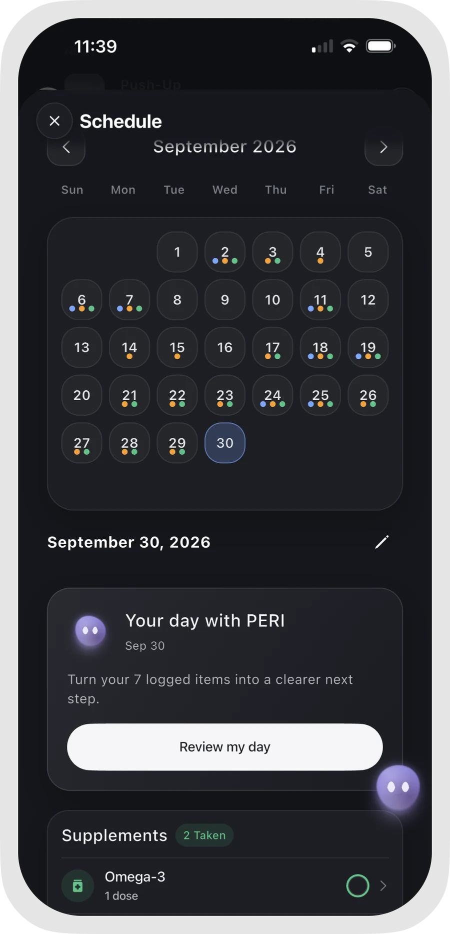Schedule with planned activities and recorded daily completion.